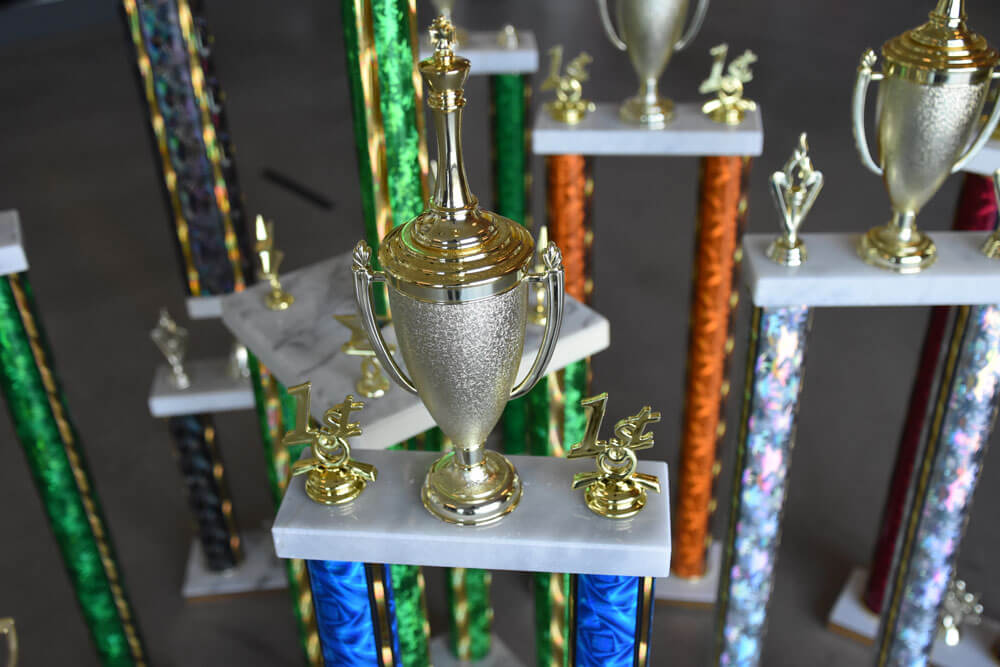 close up of trophies won by menlo's chess team